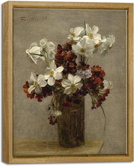 Pyradecor Vintage Wall Art Narcisses Flowers in Vase Artwork Retro Framed Wall Art Classical Floral Paintings Pictures for Living Room Bedroom Kitchen Decorations