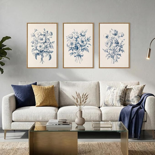 KAIRNE Navy Blue Floral Framed Canvas Wall Art Set,Vintage Botanical Flower Wall Decor,Modern Minimalist Bouquet Art Prints,Neutral Rose Artwork for Living Room,Bedroom,Farmhouse,Office-24 x36 x3