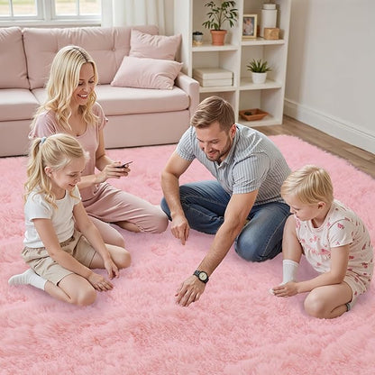 Fluffy Pink Area Rug for Bedroom Living Room Soft 8x10 Fuzzy Washable Rugs Non-Shedding Indoor Plush Rug for Nursery Kids Room Dorm Room Home Decor, High Pile Shaggy Floor Carpets(Dark Pink 8'x10')