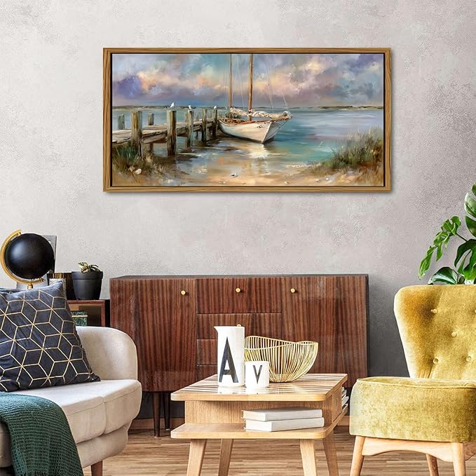 Vintage White Boat Wall Art Framed Coastal Wall Decor Bathroom Bridge Dock Decorations Vintage Ocean Beach Landscape Picture Canvas Prints Seascape Seagull Poster Artwork Living Room Decoration 24x48