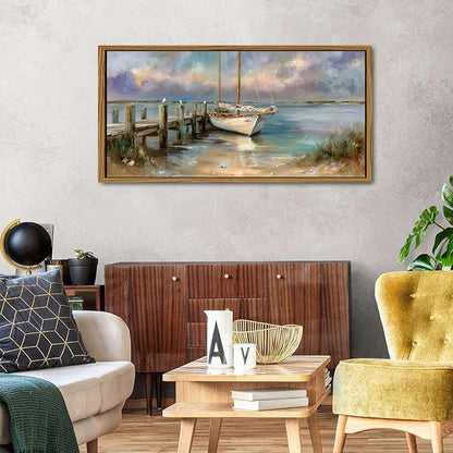 Vintage White Boat Wall Art Framed Coastal Wall Decor Bathroom Bridge Dock Decorations Vintage Ocean Beach Landscape Picture Canvas Prints Seascape Seagull Poster Artwork Living Room Decoration 24x48
