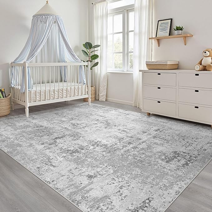 10x12 Area Rug Living Room: Washable Large Neutral Rug Abstract Soft Modern Stain Resistant Indoor Floor Non-Slip Carpet for Bedroom Nursery Kids Office Playroom Dining Room Under Table- Light Gray