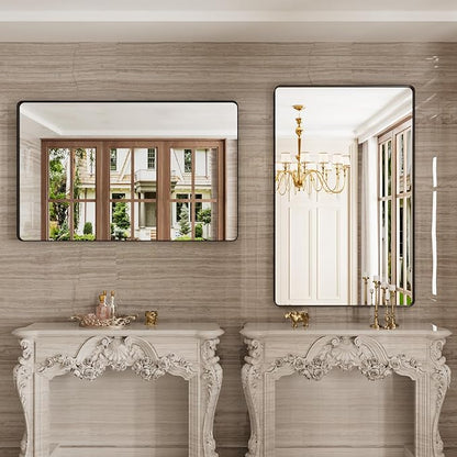 JISOSO Black Bathroom Mirror 48X30 Inch, Black Metal Framed Mirror for Wall, Rounded Rectangle Matte Bathroom Vanity Mirror with Tempered Glass, Anti-Rust, Horizontal/Vertical