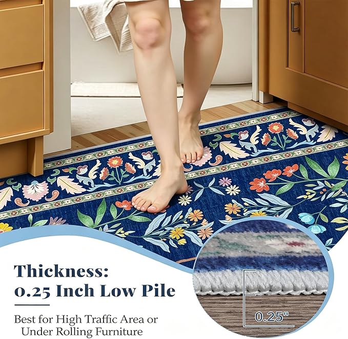 8x10 Blue Farmhouse Rugs for Living Room - Large Unique Washable Area Rug for Bedroom, Dining Room Under Table, Floral & Animal Design, Low Pile Soft Carpet