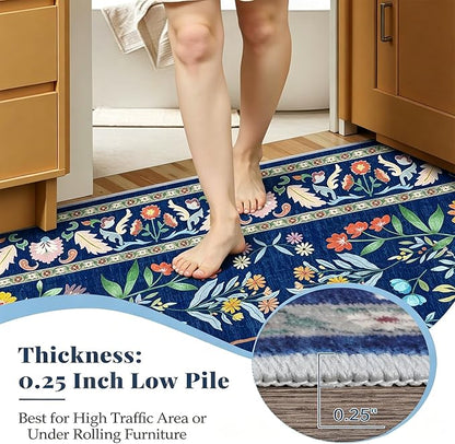 8x10 Blue Farmhouse Rugs for Living Room - Large Unique Washable Area Rug for Bedroom, Dining Room Under Table, Floral & Animal Design, Low Pile Soft Carpet