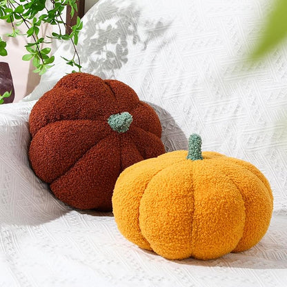 Kajaia 2 Pcs Simulated Pumpkin Plush Pillow 11 x 9.5 Inch 3D Cushion Fall Decorations Stuffed Throw Pillows Toy for Fall Halloween Thanksgiving Bedroom Sofa Couch Supplies (Yellow,Brown)