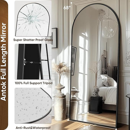 Antok Arched Full Length Mirror, 68"x28" Black Metal Frame Floor Mirror for Bedroom Living Room, Freestanding/Wall Mount/Leaning