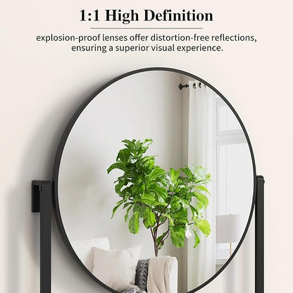 Modern Black Round Wall Mirror with Shelf and Hooks, 29.5" x 21.7" Large Bathroom Mirror with 10° Adjustable Tilt for Entryway, Living Room, Hallway, Bedroom