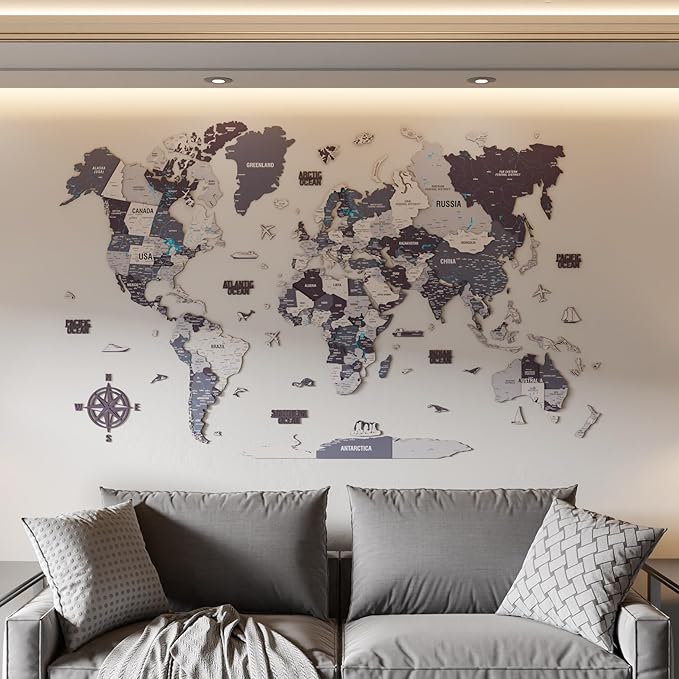 Colorfull Worlds 3D Wooden World Map Wall Art - Premium Multicolored World Travel Map for Wall Decor with Push Pins- Ideal Housewarming Gift & Travel Tracker (Medium, Nimbus)