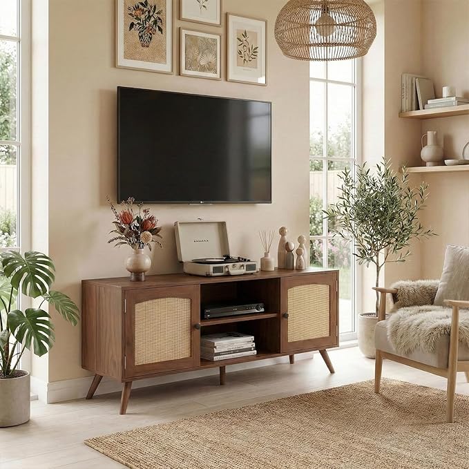 holzart Mid Century Modern Rattan TV Stand for 55/60 Inch TV - 53" Boho Media Console Table with Cane Doors & Open Shelves, Rustic Brown Entertainment Center for Living Room, Hallway, Entryway