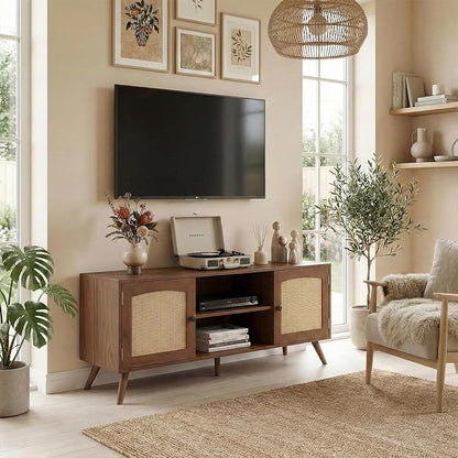 holzart Mid Century Modern Rattan TV Stand for 55/60 Inch TV - 53" Boho Media Console Table with Cane Doors & Open Shelves, Rustic Brown Entertainment Center for Living Room, Hallway, Entryway