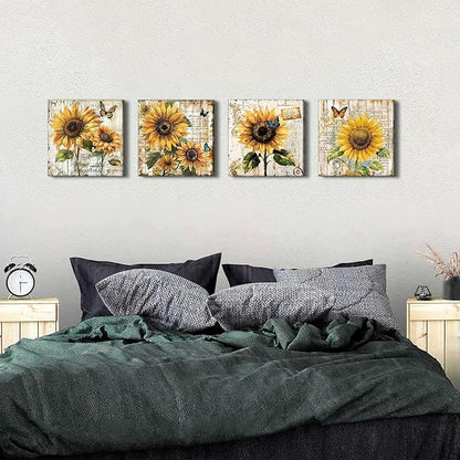 Sunflower Wall Art Farmhouse Sunflower Pictures Kitchen Wall Decor Butterfly Flowers Canvas Posters Prints for Living Room Rustic Botanical Paintings Vintage Artwork Home Decorations 12x12” 4Pcs