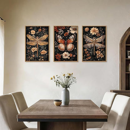 Aryroi Large Vintage Butterfly Dragonfly Framed Canvas Wall Art Set,Retro Dark Academia Animal Floral Botanical Wall Decor,Moody Insect Wildflower Artwork for Living Room,Bedroom,Farmhouse-24 x36 x3