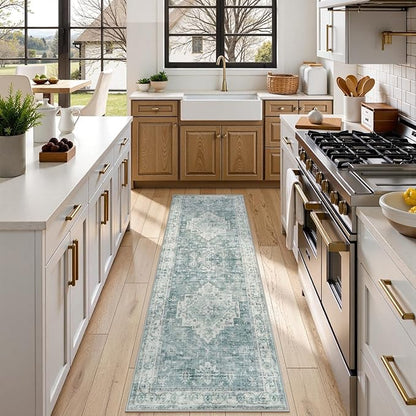 LIVEBOX Washable 2x6 Runner Rug for Bathroom, Non Slip Kitchen Mats for Floor Entryway, Boho Indoor Front Door Mat Low-Pile Runners for Hallways, Farmhouse Rugs for Bath Laundry, Blue