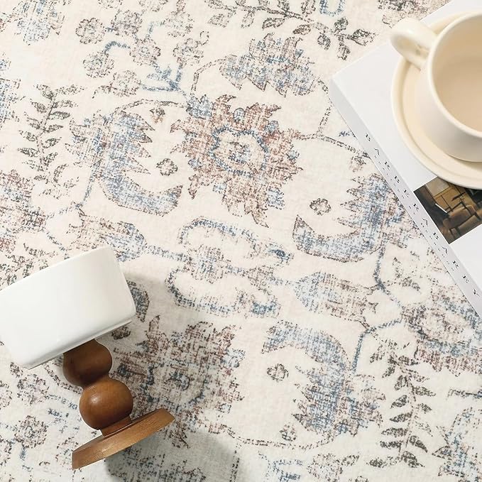 PureCozy Taupe Area Rug 6x9 Machine Washable Vintage Living Room Distressed Non Slip Carpet Traditional Indoor Bedroom Retro Floral Accent Throw Large Rug for Office Kitchen Dining Room