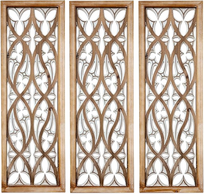 XIAOAIKA Hand Carved Boho Wood Wall Art - Decorative Large Wall Panels, Antique Distressed Wood Sculpture, Elegant Wall Decor Hanging Plaque, Suitable for Gifting (35.5 Inch, 3 Panels)