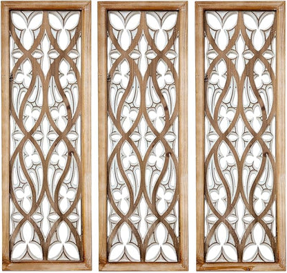 XIAOAIKA Hand Carved Boho Wood Wall Art - Decorative Large Wall Panels, Antique Distressed Wood Sculpture, Elegant Wall Decor Hanging Plaque, Suitable for Gifting (35.5 Inch, 3 Panels)
