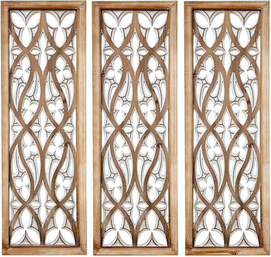 XIAOAIKA Hand Carved Boho Wood Wall Art - Decorative Large Wall Panels, Antique Distressed Wood Sculpture, Elegant Wall Decor Hanging Plaque, Suitable for Gifting (35.5 Inch, 3 Panels)