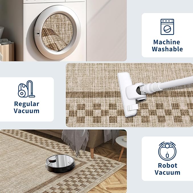 GarveeHome Washable Area Rug 4x6 Small Living Room Rugs Modern Bordered Soft Dining Room Throw Carpet Low Pile Non Slip Checkered Bedroom Rug Geometric Carpet for Nursery Kitchen Home Office, Taupe