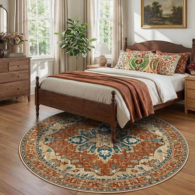RELEANY Area Rugs Round 8ft Washable Non-Slip, Floral Vintage Distress Print Pattern Medallion Carpet for Living Room Bedroom Dining Room, Red Orange Blue Brown