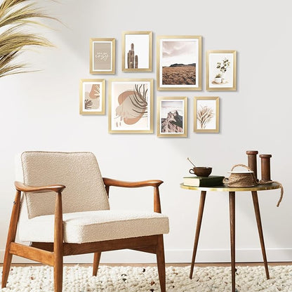ArtbyHannah Gallery Wall Frame Set,Gold Picture Frames Collage Wall Decor with Neutural Art for Living Room Stariway,8 Pack Assorted Size 8"x10",5"x7",4"x6", Small