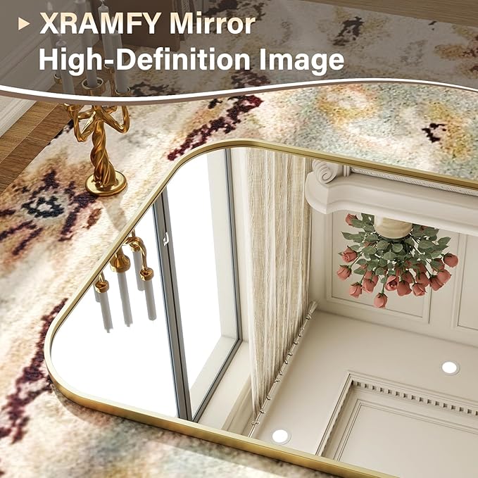 XRAMFY 40x86 Inch Floor Length Mirror with Stand, Full Length Standing Mirror for Bedroom, Full Body Tall Mirrors with Modern Aluminum Alloy Frame in Gold, Home Decor