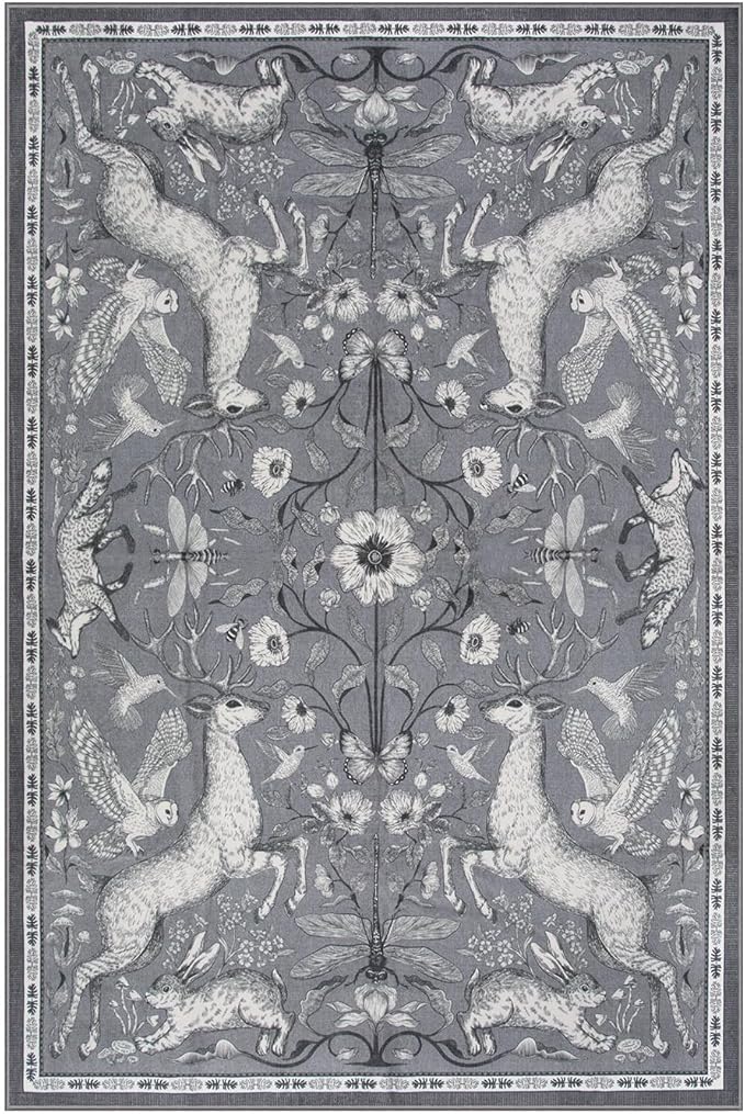 Lahome 6x9 Washable Deer Rug, Dorval Boho Woodland Vintage Area Rug, Non Slip Low Pile Soft Grey Carpet for Living Room Dining Room Bedroom Kitchen Nursery Home Decor