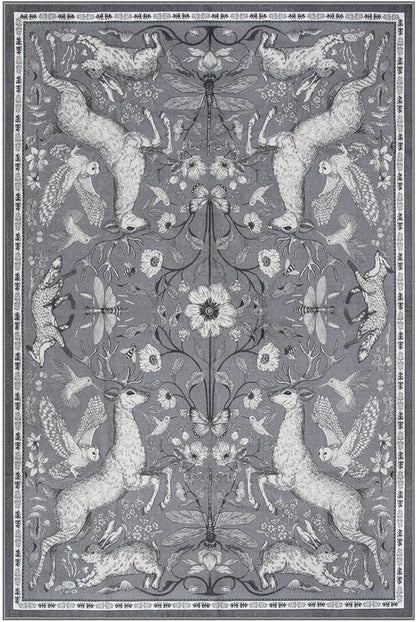 Lahome 6x9 Washable Deer Rug, Dorval Boho Woodland Vintage Area Rug, Non Slip Low Pile Soft Grey Carpet for Living Room Dining Room Bedroom Kitchen Nursery Home Decor