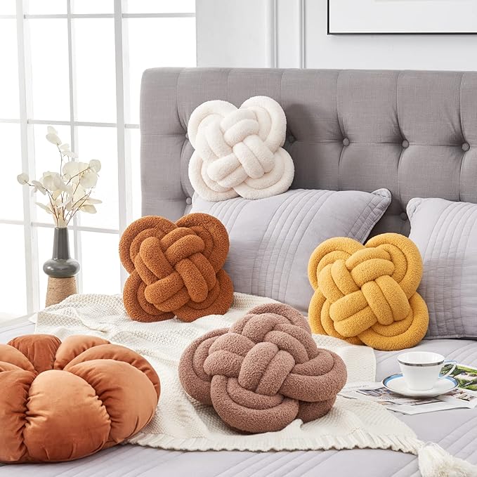 Knot Pillow, 12" Soft Decorative Throw Pillows for Couch Bed, Gray Pink Knotted Plush Throw Pillow Handmade Square Cushion Home Decor Pillows (Rust Red, 12 Inches X12 Inches)