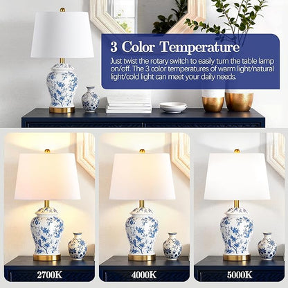 QiMH Chinoiserie Ceramic Table Lamps Set of 2 for Living Room, Vintage Traditional Bedside Lamps for Night Stands, 22" Large Blue and White Table Lamp for Bedroom Cottage, Gold(LED Bulbs Included)