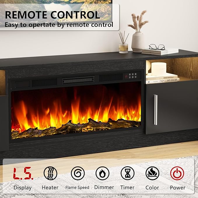 Tavata Fireplace TV Stand Entertainment Center with 36" Fireplace, 70" Wooden TV Stand for TVs Up to 80", Media TV Console with High Gloss Storage Cabinet and 16 Colors LED Lights (Black)
