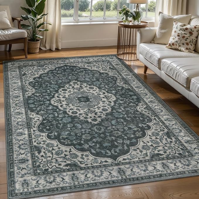 Tangsoo Vintage 3x5 Rug for Bedroom,Non-Slip Soft Low Pile Grey Green Indoor Area Rug,Washable Boho Carpet for Front Porch Living Room Patio Entryway