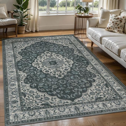 Tangsoo Vintage 3x5 Rug for Bedroom,Non-Slip Soft Low Pile Grey Green Indoor Area Rug,Washable Boho Carpet for Front Porch Living Room Patio Entryway