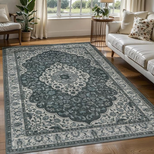 Tangsoo Vintage 3x5 Rug for Bedroom,Non-Slip Soft Low Pile Grey Green Indoor Area Rug,Washable Boho Carpet for Front Porch Living Room Patio Entryway