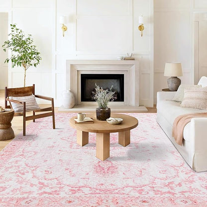Sofrug Area Rug 8x10 - Vintage Floral Honeycomb Non Slip Backing Carpet - Pink Softer Thicker Faux Wool Rug - Foldable & Machine Washable Rugs for Living Room Bedroom Dining Room Home Office