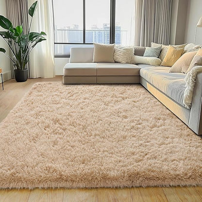 5x7 Area Rugs for Living Room, Beige Fluffy Shag Rug for Bedroom, Nursery, Indoor Floor, Soft and Comfy, Neutral Carpet for Kids, Girls, Boys Room Dorm Home Decor Aesthetic, Upgrade Non Slip