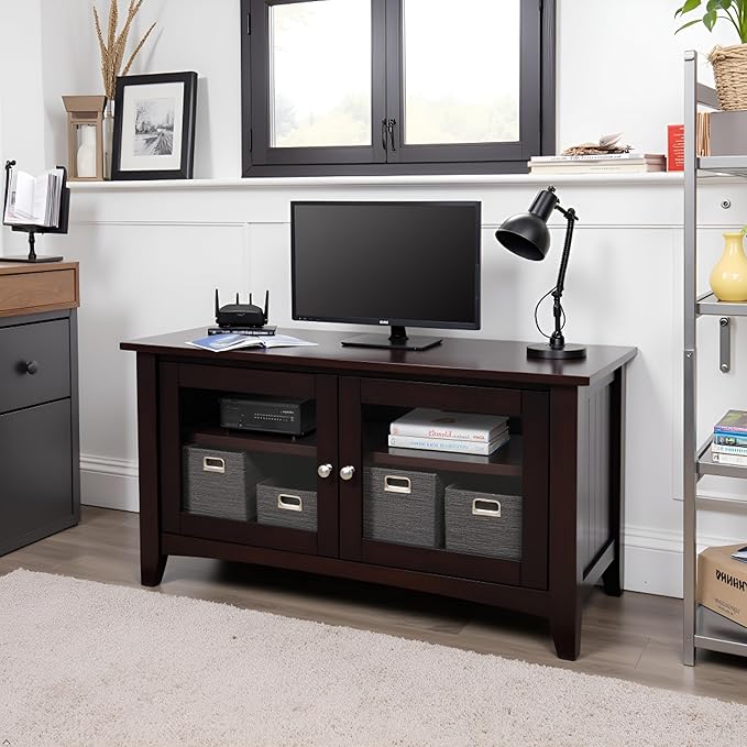 Shaker Cottage 36-Inch TV Stand – Media Console with Glass Cabinet, Adjustable Shelf, & Cord Management – Entertainment Center for Living Room or Bedroom by Alaterre Furniture (Espresso)