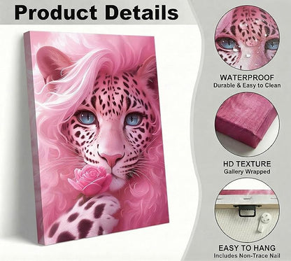 Whimsical Pink Mother Leopard Canvas Wall Art Fashionable and Beautiful Female Leopard Holding Roses Wall Decor Picture Attractive Blue Eyes Postre Print for Girls Room Preppy Dorm Artwork Decoration