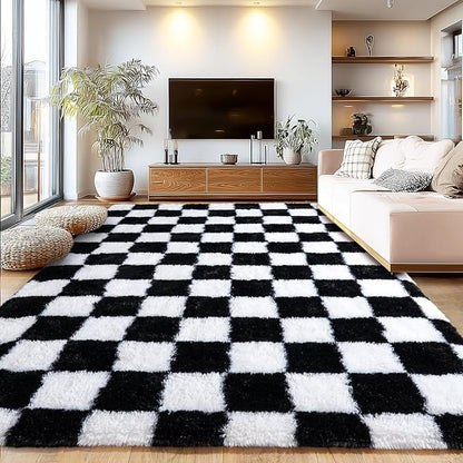 Area Rugs for Living Room, Shaggy Carpets for Living Room, Fuzzy Rugs for Kids' Room, Perfect Decor for Modern Home Black White Grid 8x10 Ft