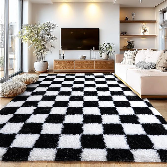 Area Rugs for Living Room, Shaggy Carpets for Living Room, Fuzzy Rugs for Kids' Room, Perfect Decor for Modern Home Black White Grid 8x10 Ft