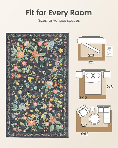 Amada 6x9 Area Rugs, Non-Slip & Low-Profile Living Room Rug with Reinforced Edge Binding, Soft Large Washable Boho Floral Rugs for Living Room, Bedroom, Dining Room