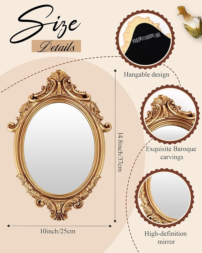 3 Styles Vintage Gold Mirror Set Wall Decorative, Vintage Wall Mirror Antique Hanging and Tabletop with Stand for Living Room Bedroom Dresser, Classic Home Wedding Decor(Court Baroque Style)