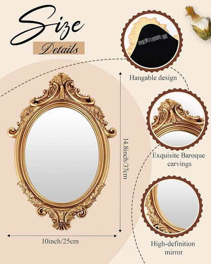 3 Styles Vintage Gold Mirror Set Wall Decorative, Vintage Wall Mirror Antique Hanging and Tabletop with Stand for Living Room Bedroom Dresser, Classic Home Wedding Decor(Court Baroque Style)