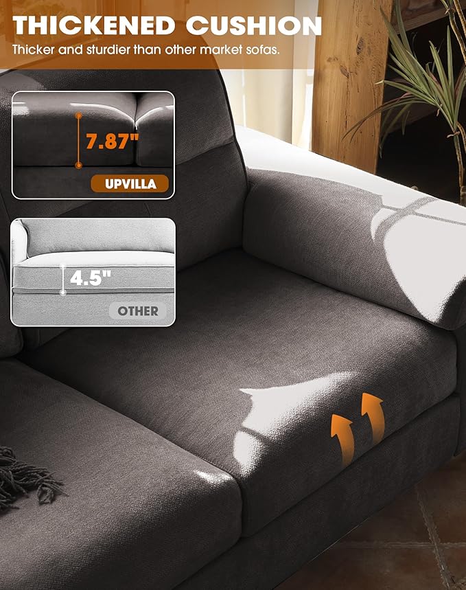 Upvilla 88.97" Modern Sofa Couch for Living Room, Deep Seat Sofa with 8”Cushion, Comfy 2-Seater Chenille Loveseat Sofa with Convertible Armrest, Removable Sofa Cover, High Leg (Dark Gray)
