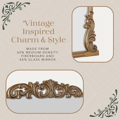 Wylde Iris English Estate Carved Arch Wood Wall Mirror, Mirror for Entryway, Living Room, Bathroom, Antique Gold, 30.6x41
