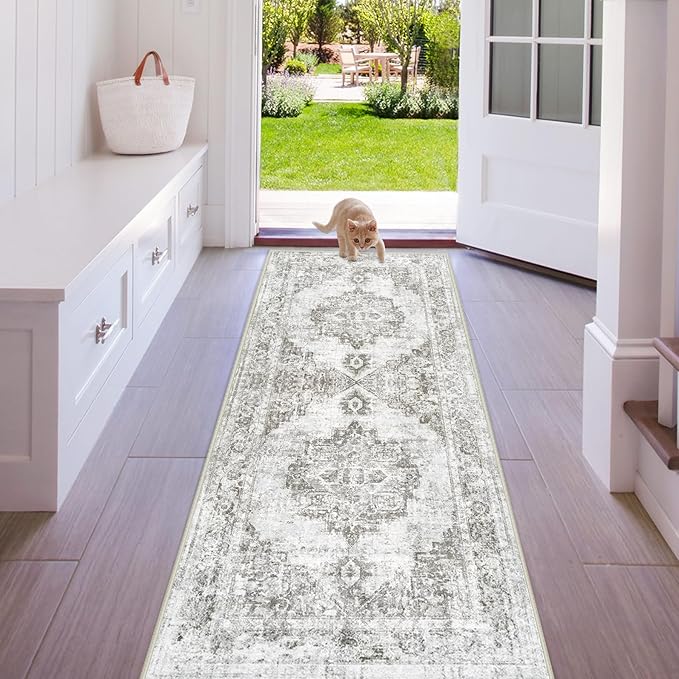 Area Rug 2x6 Runner Rugs: Washable Vintage Hallway Rug Indoor Medallion Rugs Low Pile Distressed Floor Carpet Retro Accent Rug for Kitchen Bedroom Bathroom Dining Room(Grey, 2'x6')