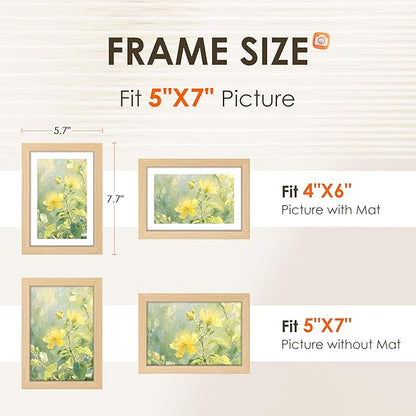 FIXSMITH 5x7 Picture Frame Set of 2, Photo Frame with HD Plexiglass, Display Pictures 4x6 with Mat or 5x7 Without Mat Multi Picture Frames Collage for Tabletop or Wall Display, Natural