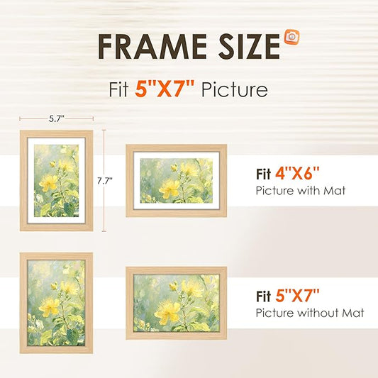 FIXSMITH 5x7 Picture Frame Set of 2, Photo Frame with HD Plexiglass, Display Pictures 4x6 with Mat or 5x7 Without Mat Multi Picture Frames Collage for Tabletop or Wall Display, Natural