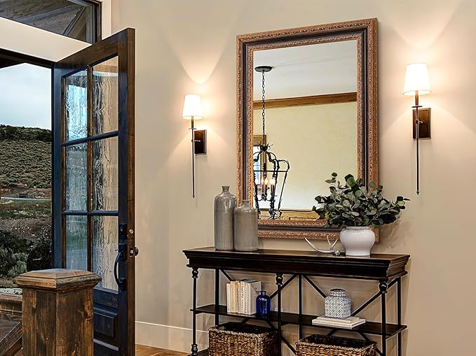 Bronze Accent Mirror 41.5" X 30", Antique Mirror | Handmade Aging 3D Carvings Wood Frame | Vintage Farmhouse Decor for Entryway, Living Room, Bathroom and Bedroom
