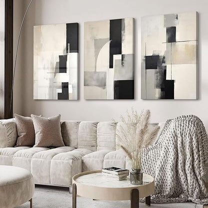 3Pcs Framed Neutral Abstract Canvas Wall Art Pictures Modern Minimalist Posters Prints Beige Black Brown Simple Wall Decoration for Living Room Bedroom Bathroom Office 16x24in